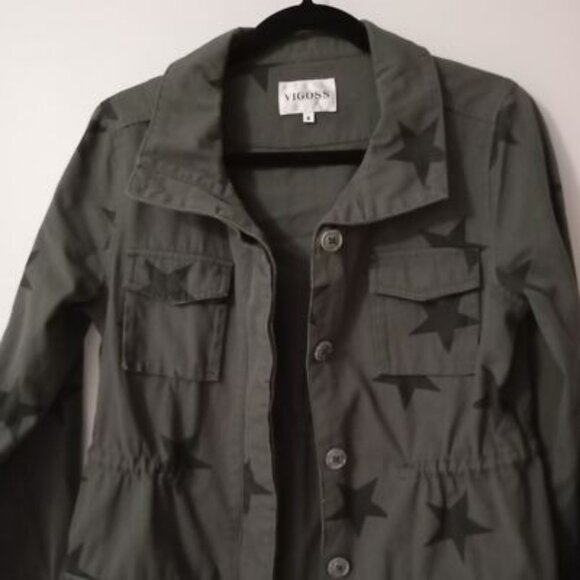 Vigoss Utility Jacket Olive Star Print Button Front Cinched Waist Womens - Picture 6 of 12